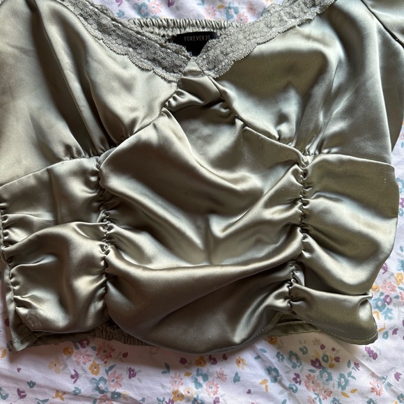 Forever 21 Olive Green Satin Ruched Crop Top - Picture 5 of 7